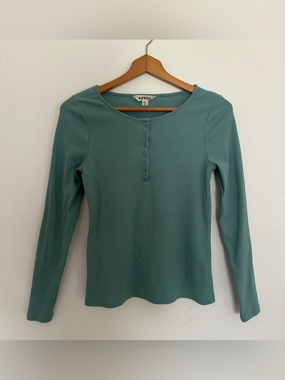 Boden Sage Green Ribbed Henley Long Sleeve Top Size 8